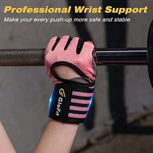 Glofit Workout Gloves with Wrist Wrap Support for Men & Women, Weight Lifting Gloves with Cuved Open Back Fingerless for Cycling, Gym, Training, Crossfit (Medium, Pink)