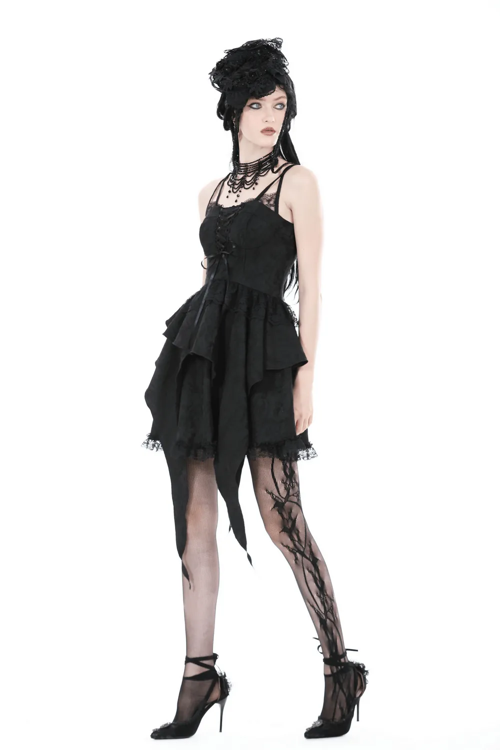 Gothic Black Lace Dress with Straps and Layered Skirt