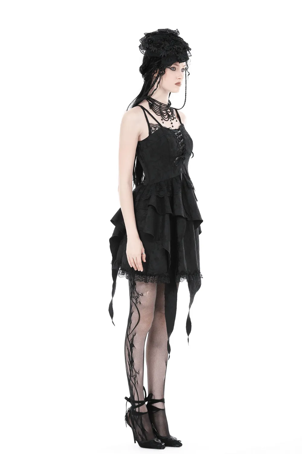 Gothic Black Lace Dress with Straps and Layered Skirt