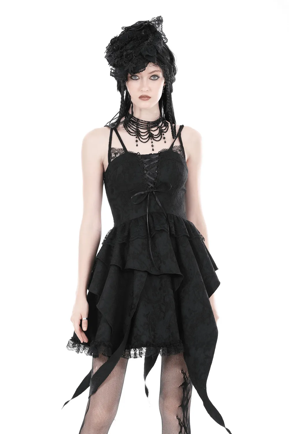 Gothic Black Lace Dress with Straps and Layered Skirt