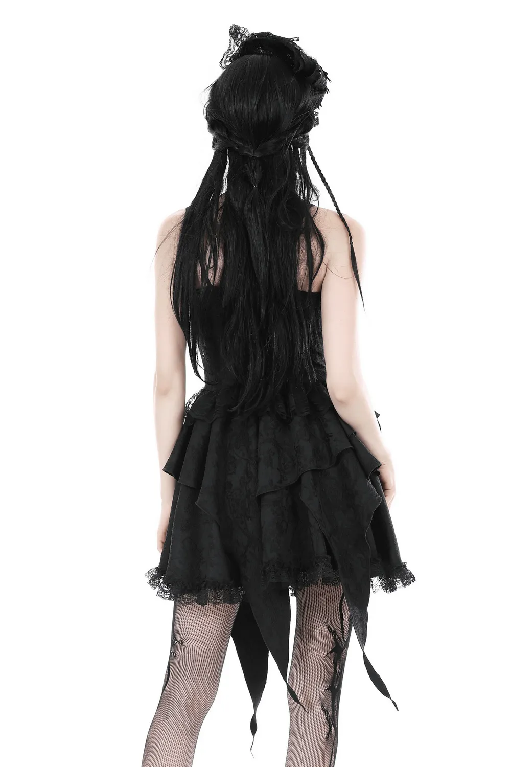 Gothic Black Lace Dress with Straps and Layered Skirt