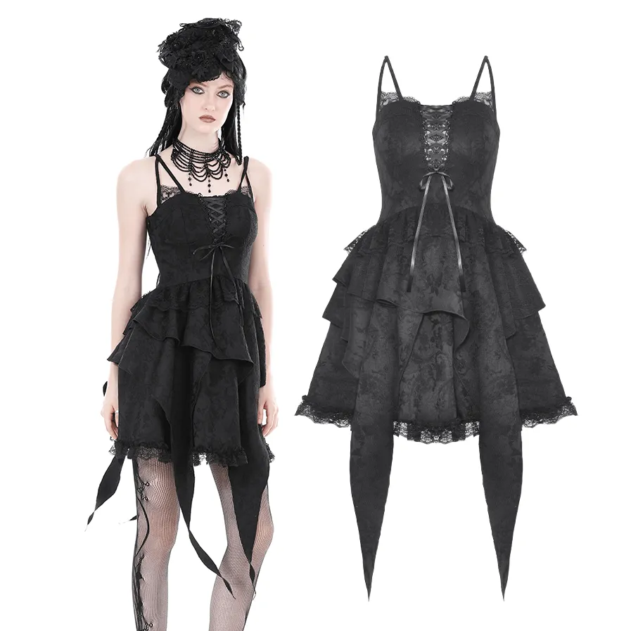 Gothic Black Lace Dress with Straps and Layered Skirt