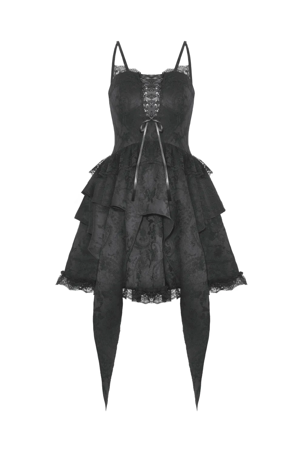 Gothic Black Lace Dress with Straps and Layered Skirt