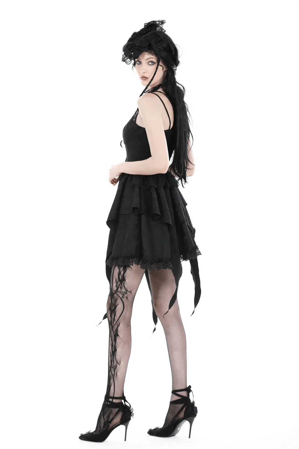 Gothic Black Lace Dress with Straps and Layered Skirt