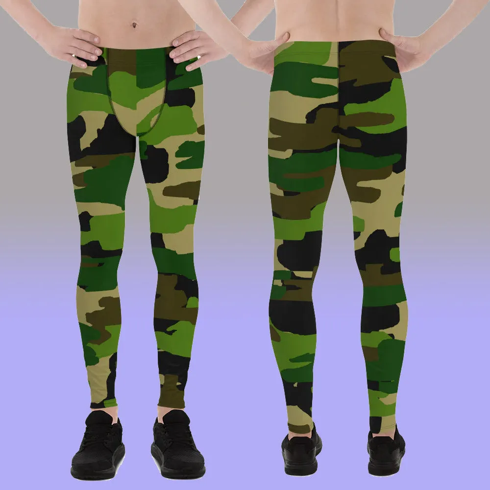 Green Camo Best Army Meggings, Camouflaged Army Printed Men's Leggings Compression Run Tights- Made in USA/EU