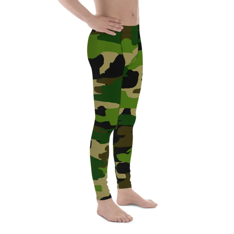 Green Camo Best Army Meggings, Camouflaged Army Printed Men's Leggings Compression Run Tights- Made in USA/EU