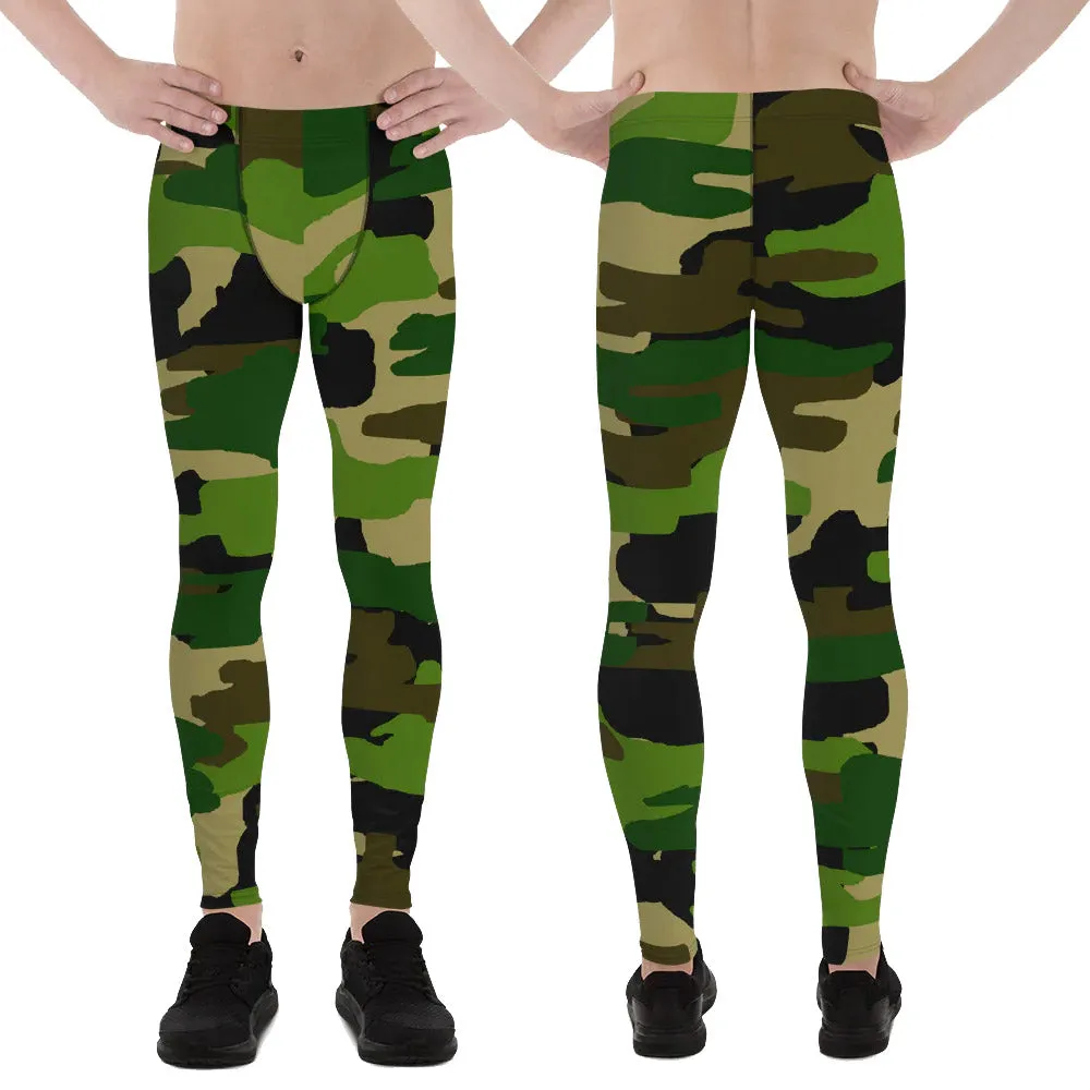 Green Camo Best Army Meggings, Camouflaged Army Printed Men's Leggings Compression Run Tights- Made in USA/EU