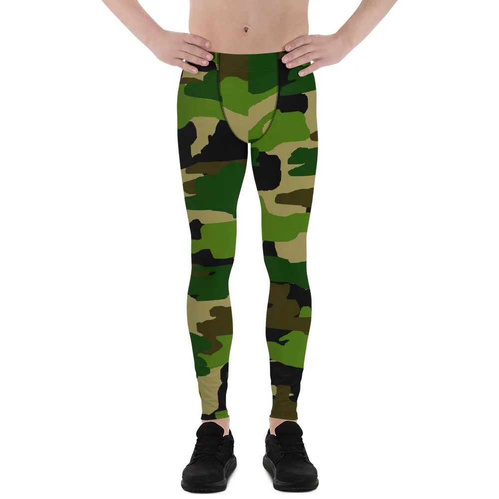 Green Camo Best Army Meggings, Camouflaged Army Printed Men's Leggings Compression Run Tights- Made in USA/EU