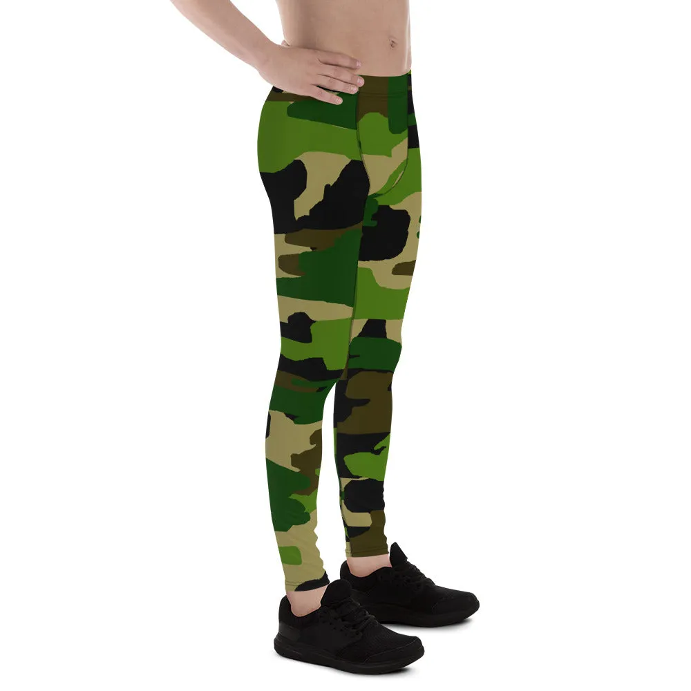 Green Camo Best Army Meggings, Camouflaged Army Printed Men's Leggings Compression Run Tights- Made in USA/EU