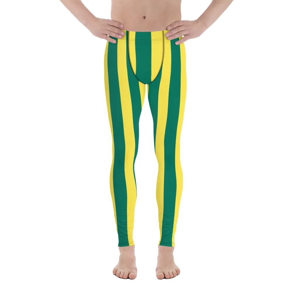 Green Yellow Striped Men's Leggings, Vertical Striped Meggings Compression Tights For Men- Made in USA/EU/MX