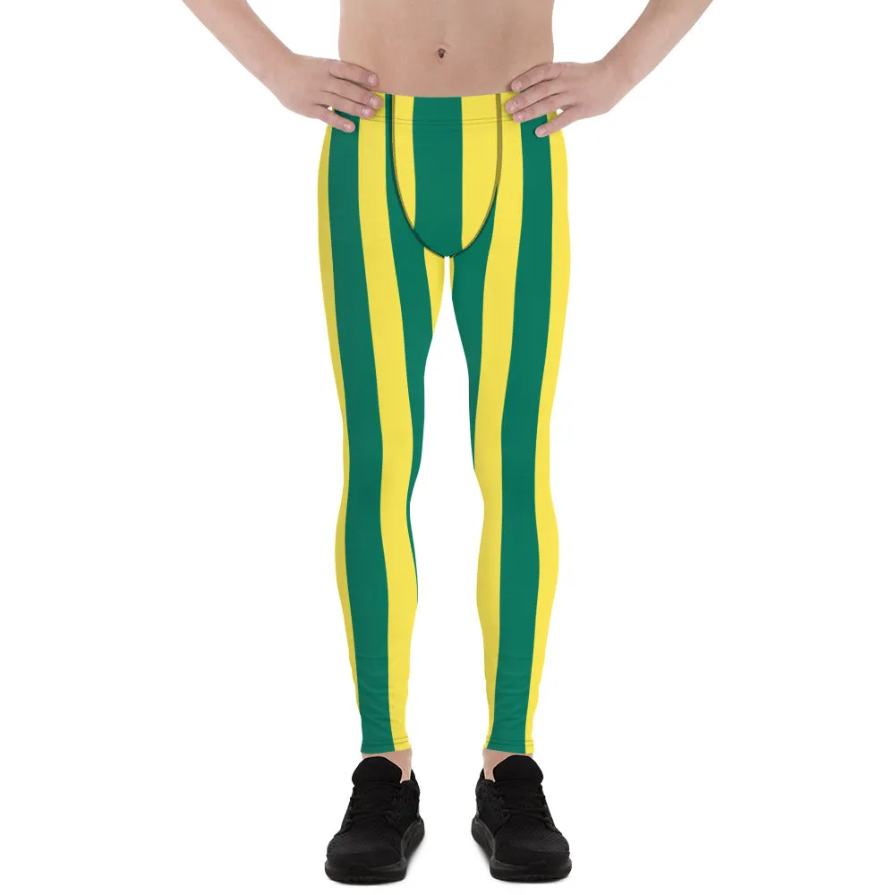 Green Yellow Striped Men's Leggings, Vertical Striped Meggings Compression Tights For Men- Made in USA/EU/MX