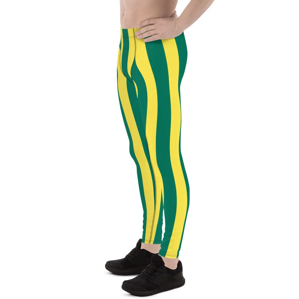 Green Yellow Striped Men's Leggings, Vertical Striped Meggings Compression Tights For Men- Made in USA/EU/MX