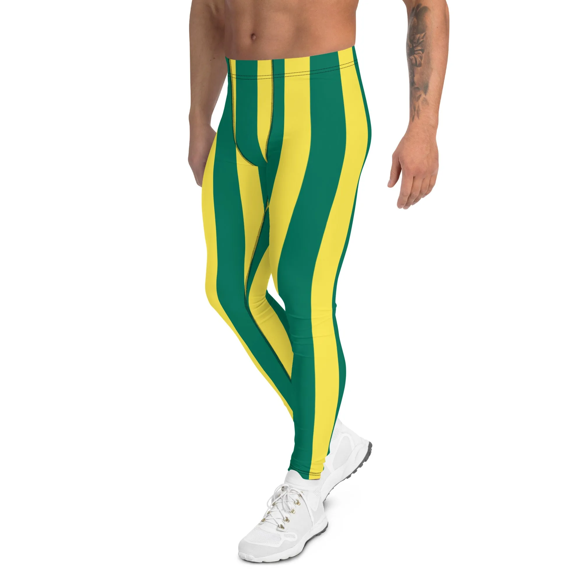 Green Yellow Striped Men's Leggings, Vertical Striped Meggings Compression Tights For Men- Made in USA/EU/MX