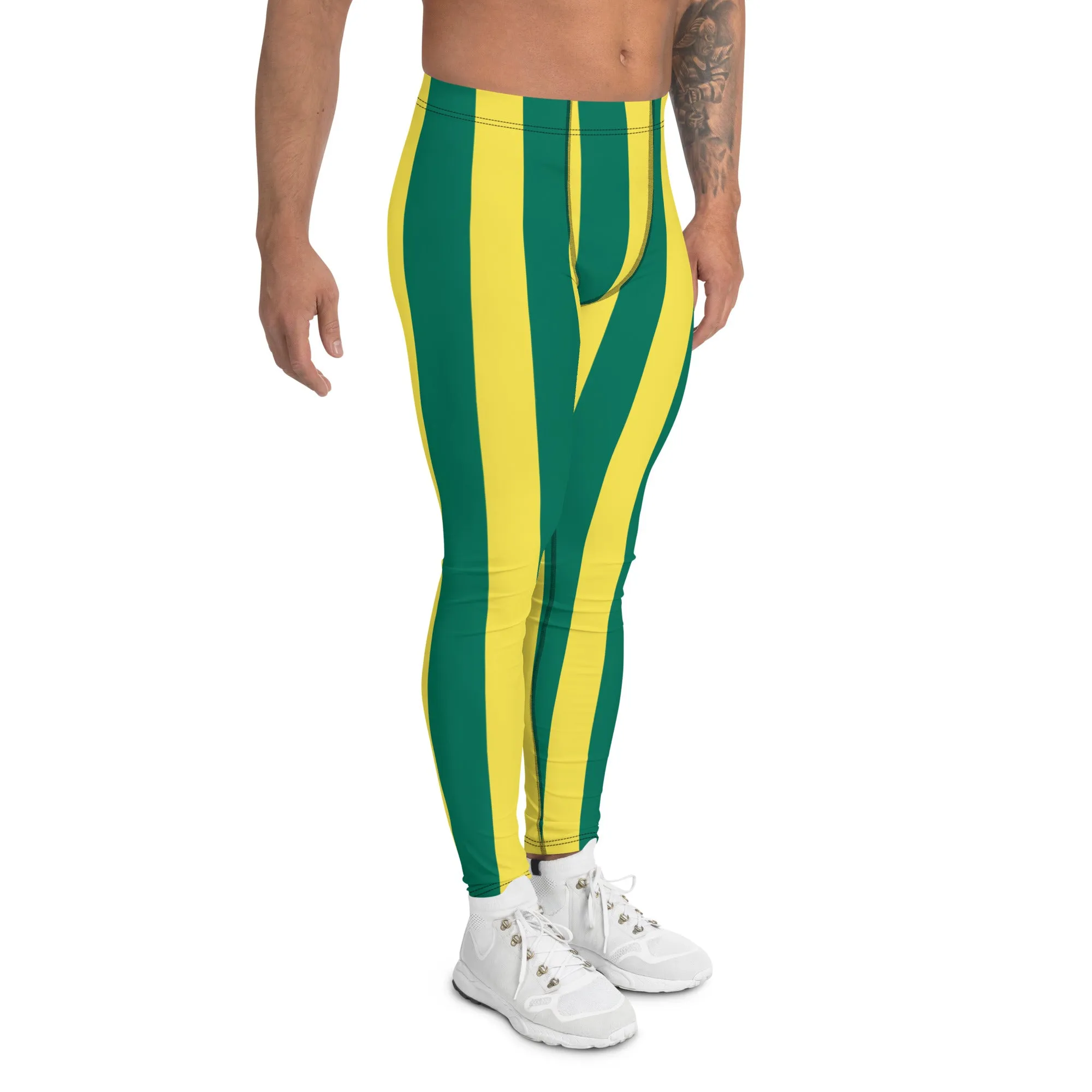 Green Yellow Striped Men's Leggings, Vertical Striped Meggings Compression Tights For Men- Made in USA/EU/MX