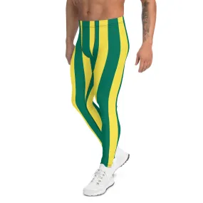 Green Yellow Striped Men's Leggings, Vertical Striped Meggings Compression Tights For Men- Made in USA/EU/MX