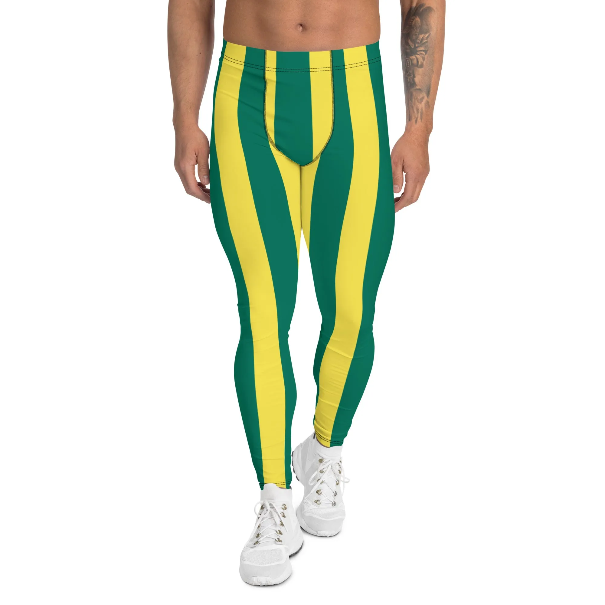 Green Yellow Striped Men's Leggings, Vertical Striped Meggings Compression Tights For Men- Made in USA/EU/MX