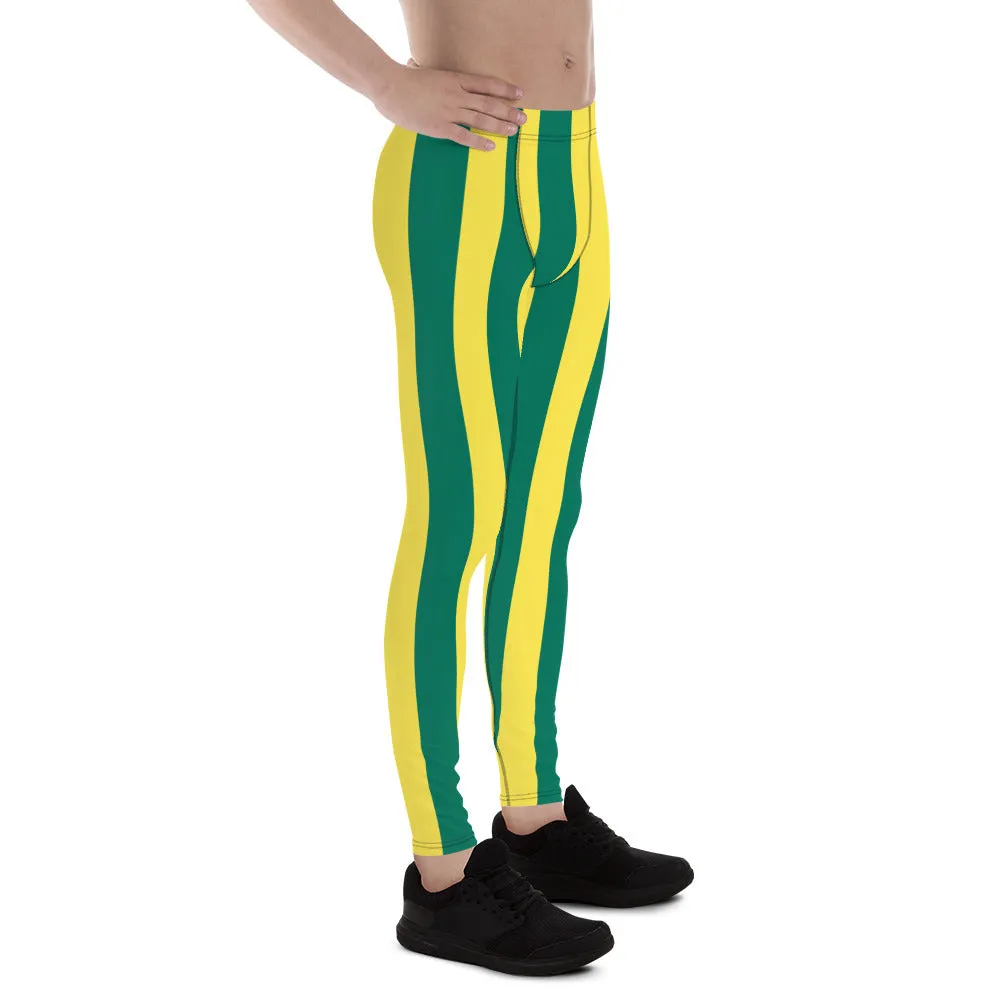 Green Yellow Striped Men's Leggings, Vertical Striped Meggings Compression Tights For Men- Made in USA/EU/MX