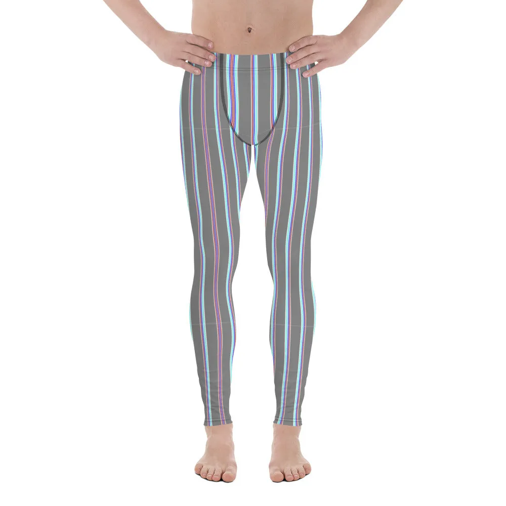 Grey Striped Men's Leggings, Vertical Stripes Modern Meggings Classic Running Tights For Men