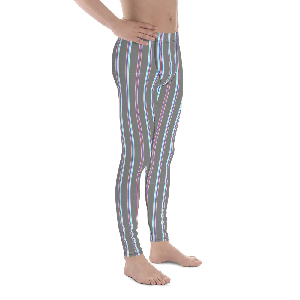 Grey Striped Men's Leggings, Vertical Stripes Modern Meggings Classic Running Tights For Men