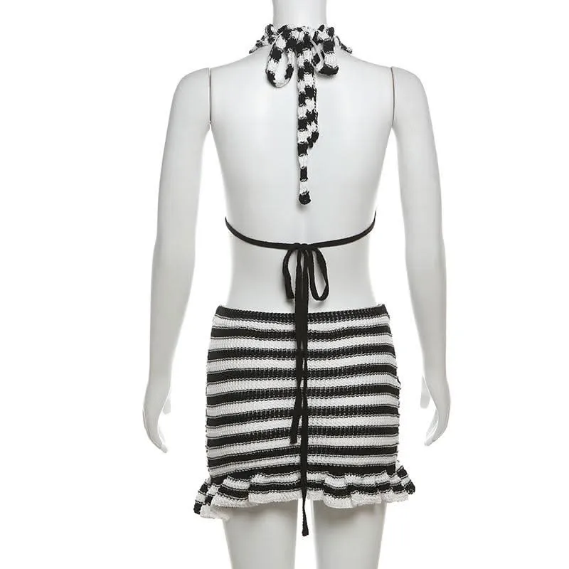 Halter v neck striped knitted ruffle mini skirt set