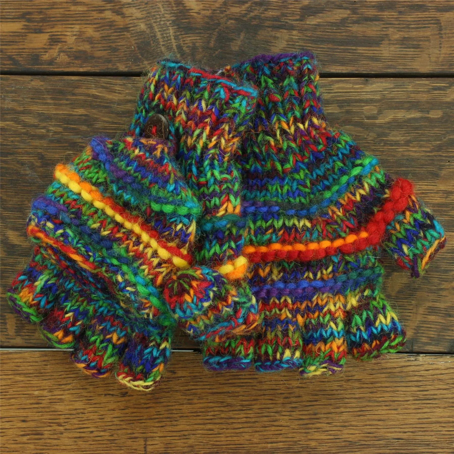 Hand Knitted Wool Shooter Gloves - Rainbow SD Rib