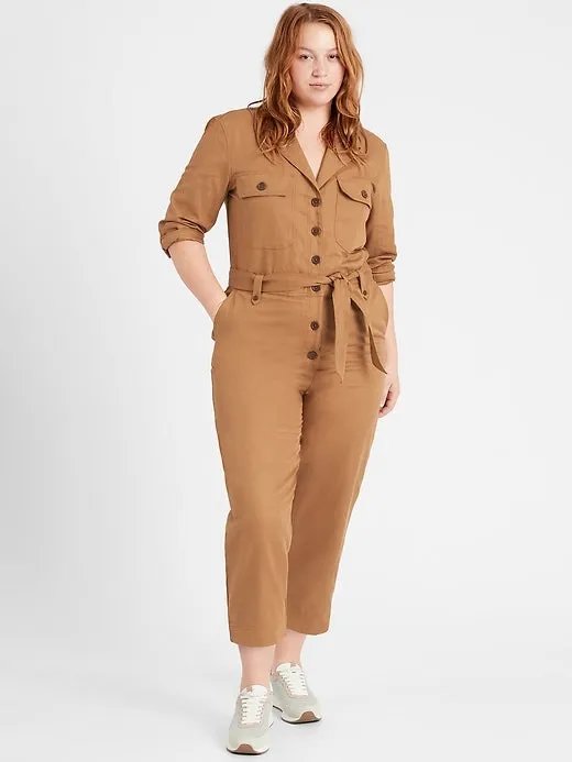 Heritage Cotton-Linen Cropped Jumpsuit in Camel