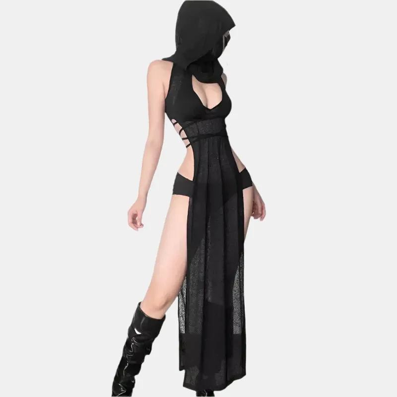 Hooded Sleeveless High Split Long Dresses Y2k Cyber Punk Black Knit Dress Night Club Outfits for Women 2023 P71-CZ20