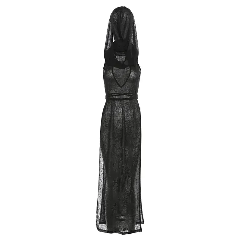 Hooded Sleeveless High Split Long Dresses Y2k Cyber Punk Black Knit Dress Night Club Outfits for Women 2023 P71-CZ20