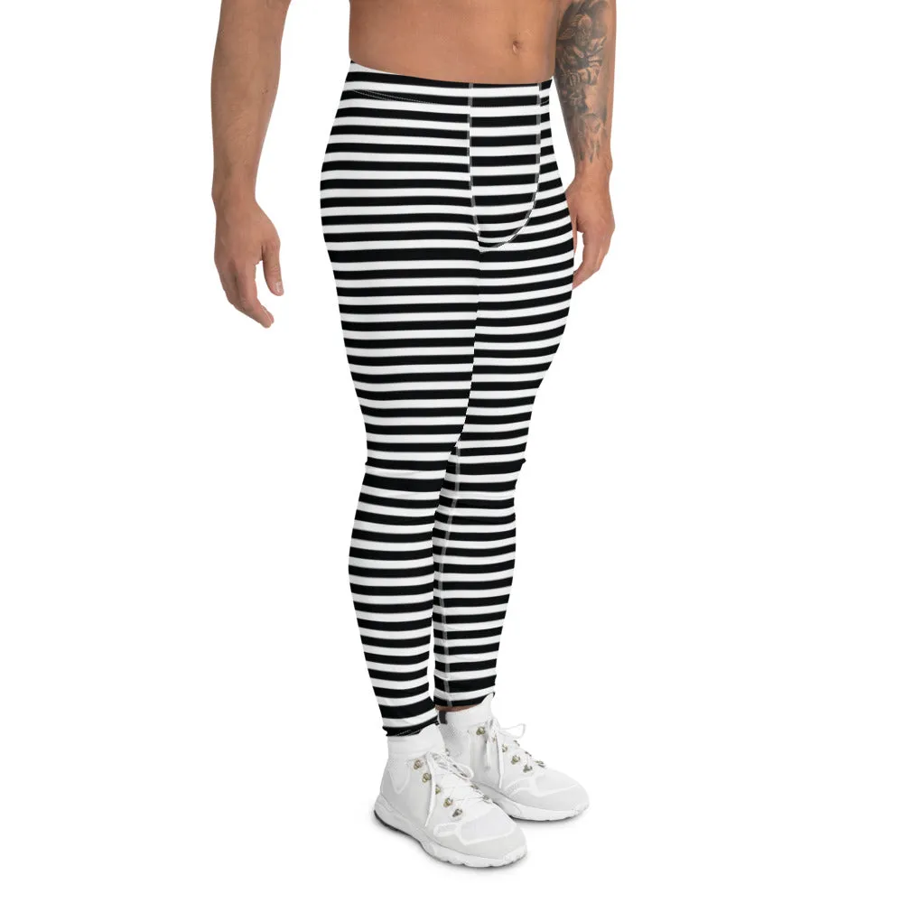 Horizontal Striped Meggings, Designer Best White Black Men's Leggings-Made in USA/EU/MX