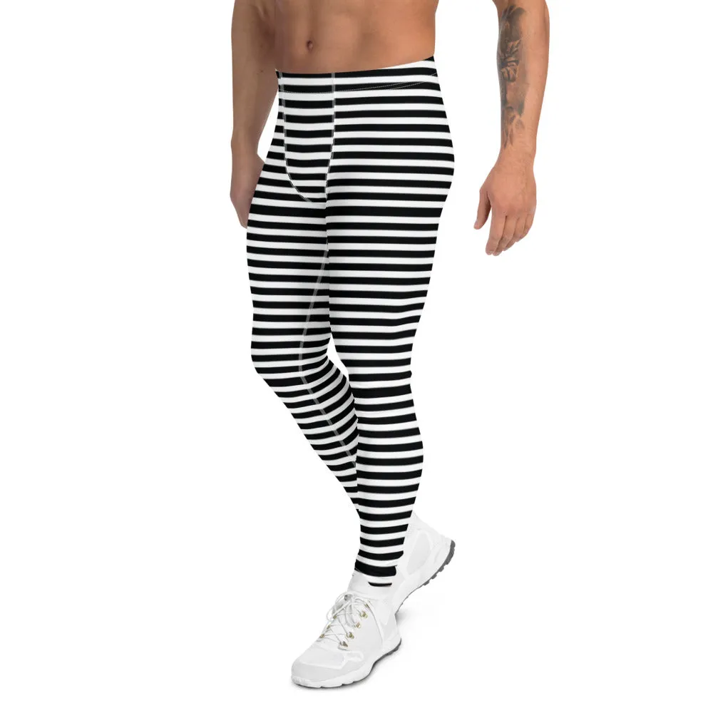 Horizontal Striped Meggings, Designer Best White Black Men's Leggings-Made in USA/EU/MX