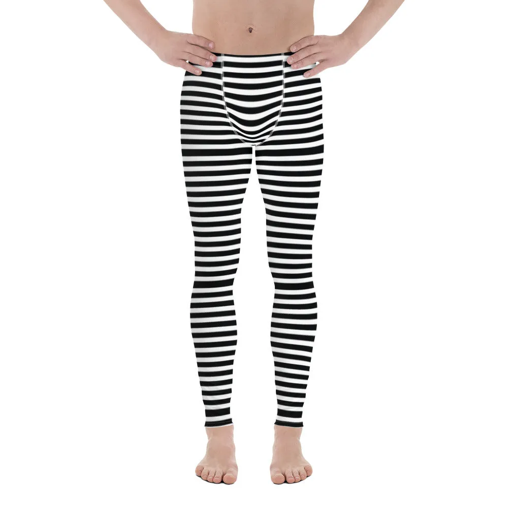 Horizontal Striped Meggings, Designer Best White Black Men's Leggings-Made in USA/EU/MX