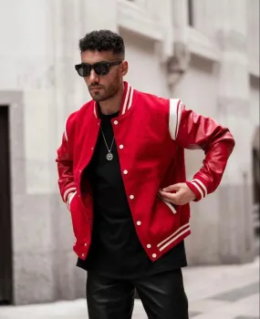 Iconic Style Red Leather Sleeve Baseball Varsity Jacket For Men's Fashion Outfit - Limited Edition