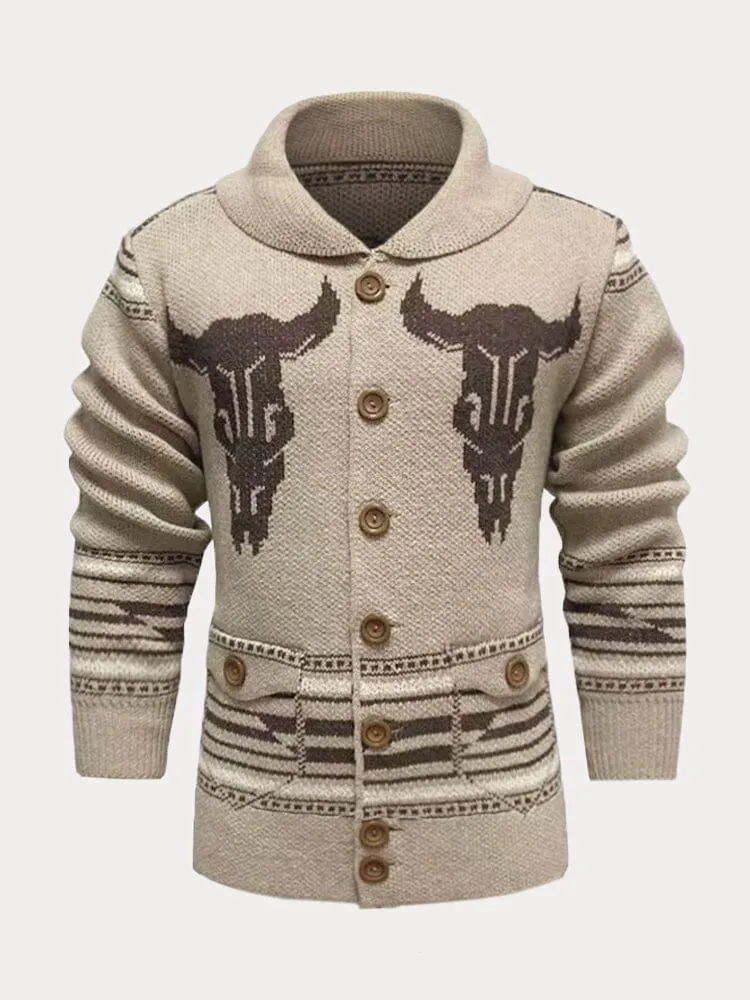 Jacquard Knit Lapel Cardigan Sweater