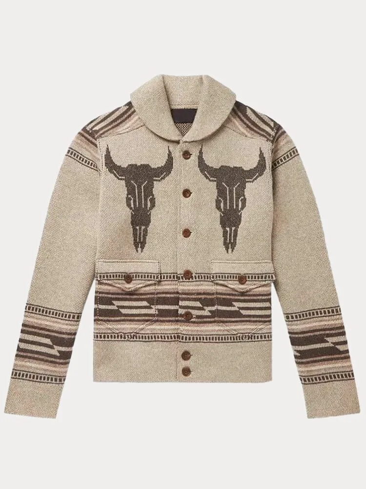 Jacquard Knit Lapel Cardigan Sweater