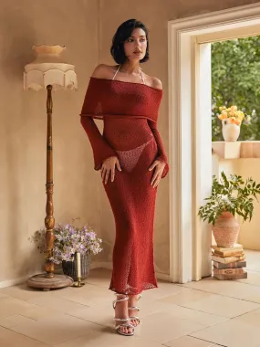 Juliea Off Shoulder Knitted Maxi Dress In Red