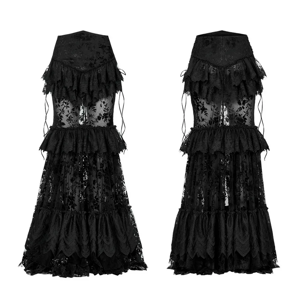 Lace-Adorned Flocking Gothic Full-Length Transparent Skirt