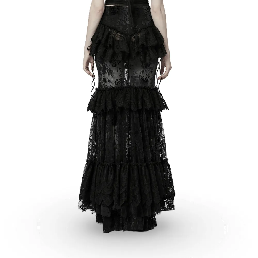 Lace-Adorned Flocking Gothic Full-Length Transparent Skirt