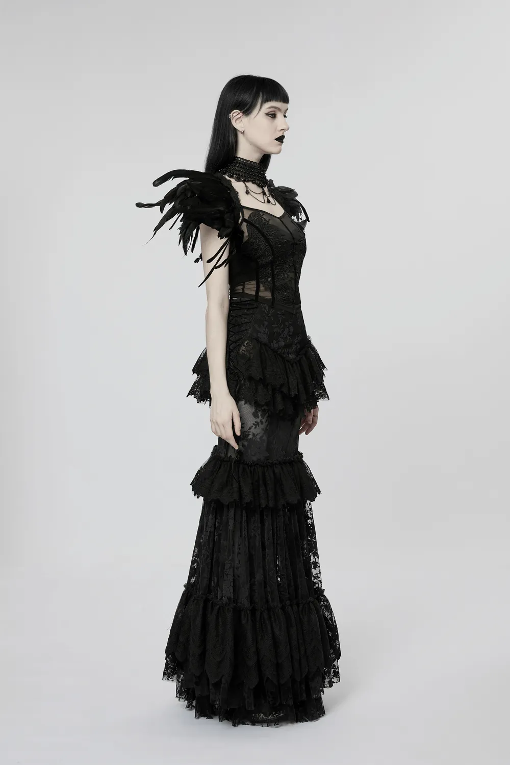 Lace-Adorned Flocking Gothic Full-Length Transparent Skirt