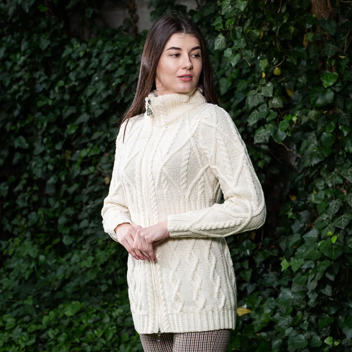 Ladies Merino Knit Irish Zip Aran Cardigan