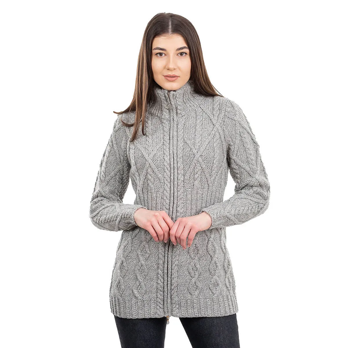 Ladies Merino Knit Irish Zip Aran Cardigan