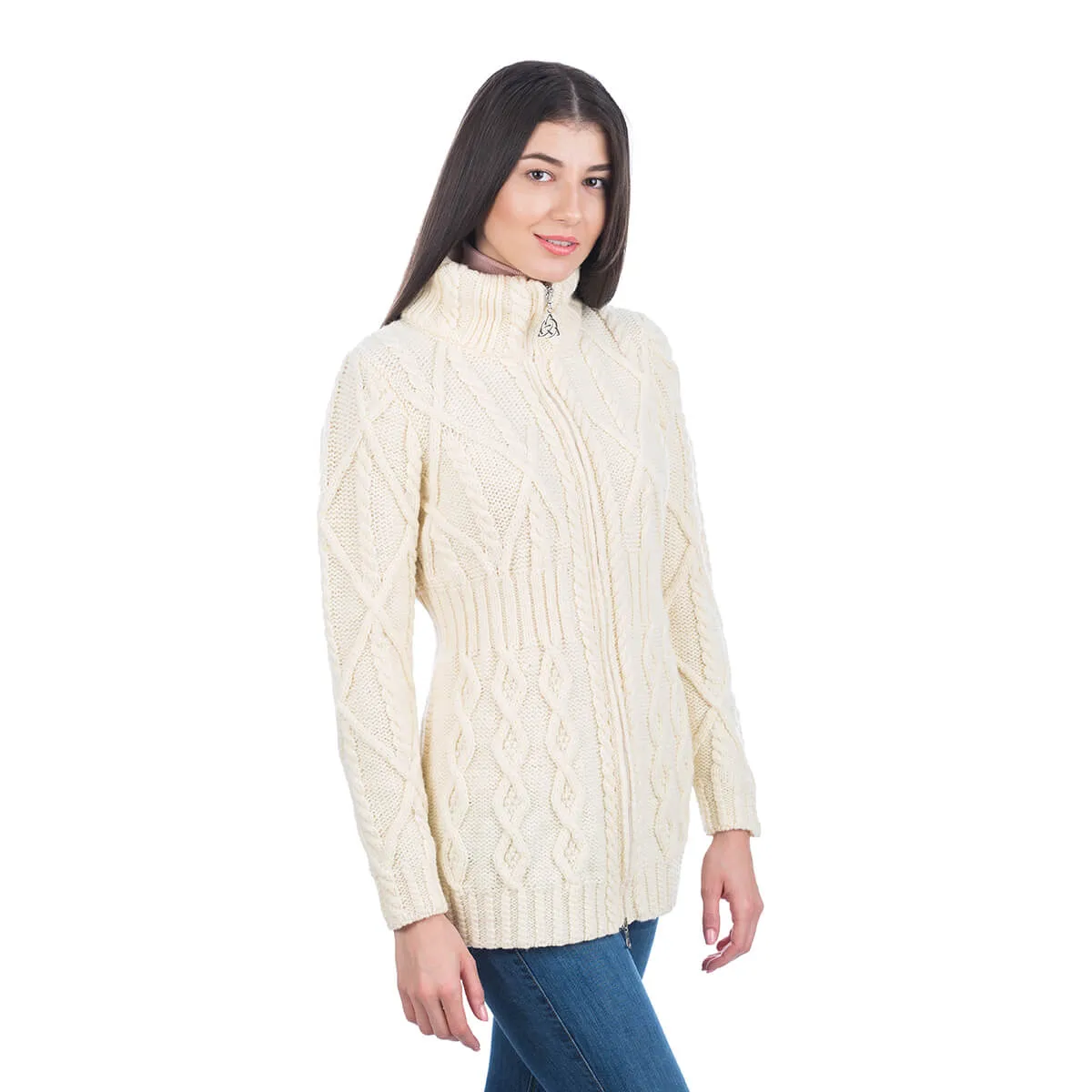 Ladies Merino Knit Irish Zip Aran Cardigan