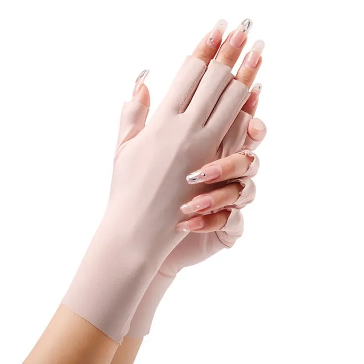 Ladies Sunscreen Gloves Half Finger Ice Silk Gloves,Style: Linked Finger(White)