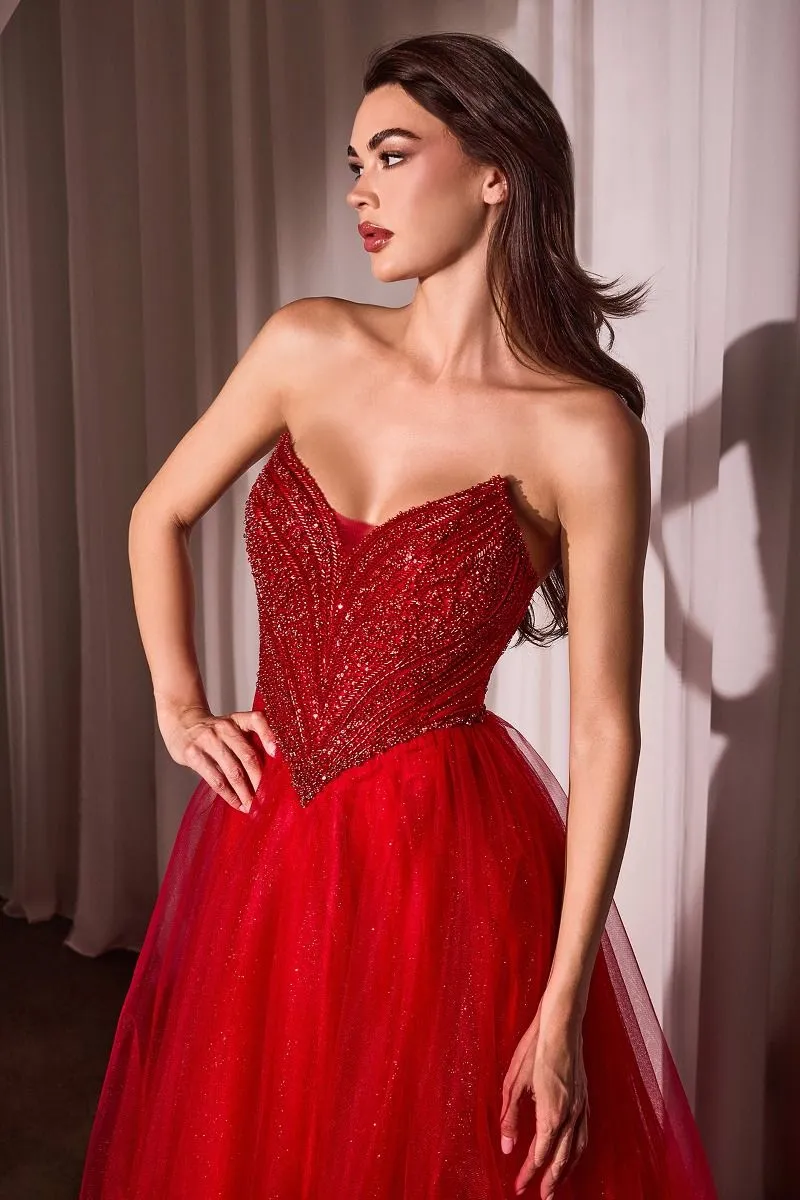 Ladivine CC415 Size 12 Red Sheer Beaded V Neck Corset Prom Dress A Line Shimmer Ballgown Formal Gown