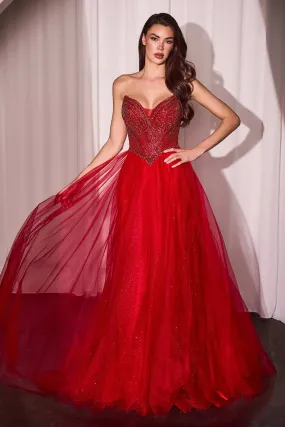 Ladivine CC415 Size 12 Red Sheer Beaded V Neck Corset Prom Dress A Line Shimmer Ballgown Formal Gown