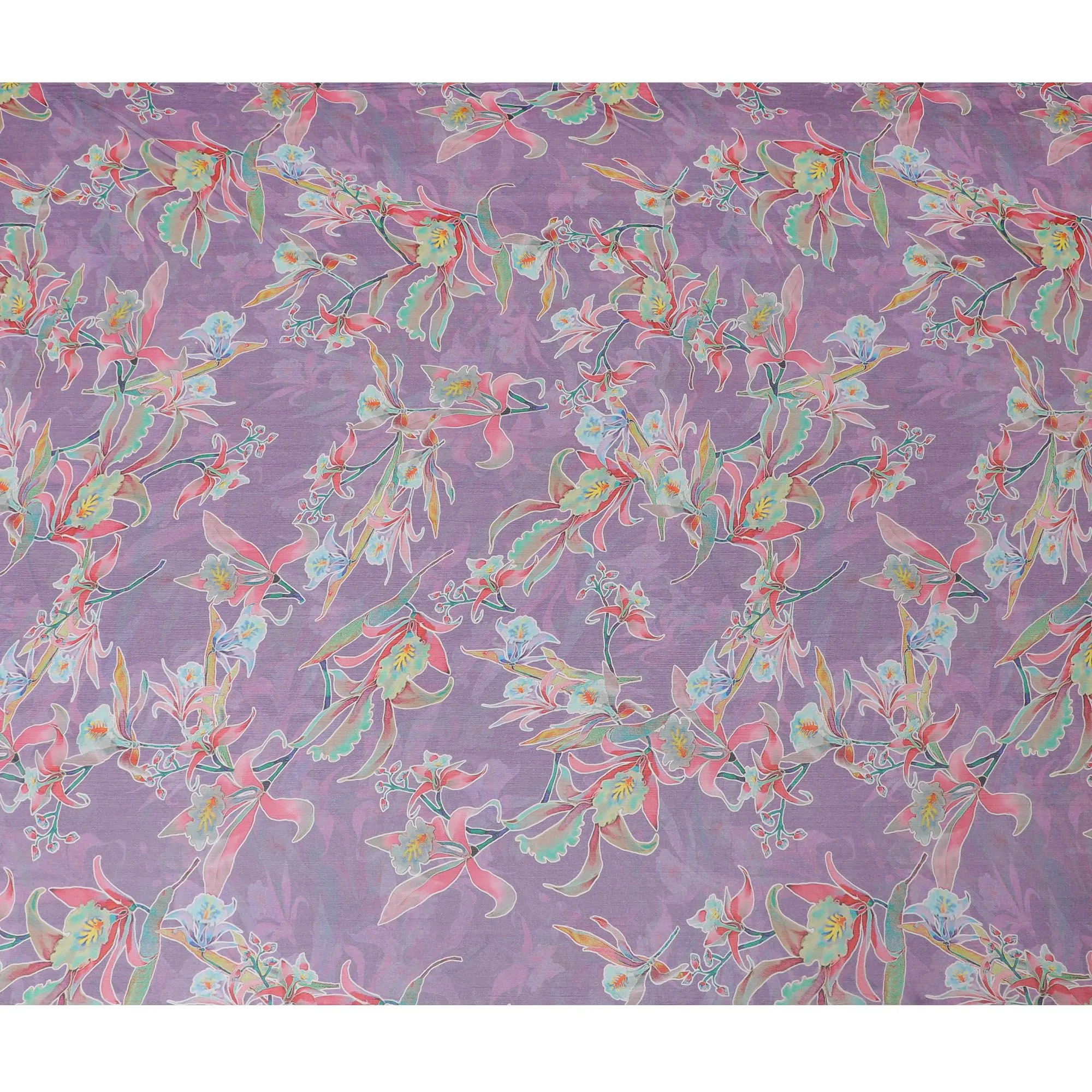 Lavender Premium pure wrinkle silk chiffon fabric with multicolor print in floral design-D17002