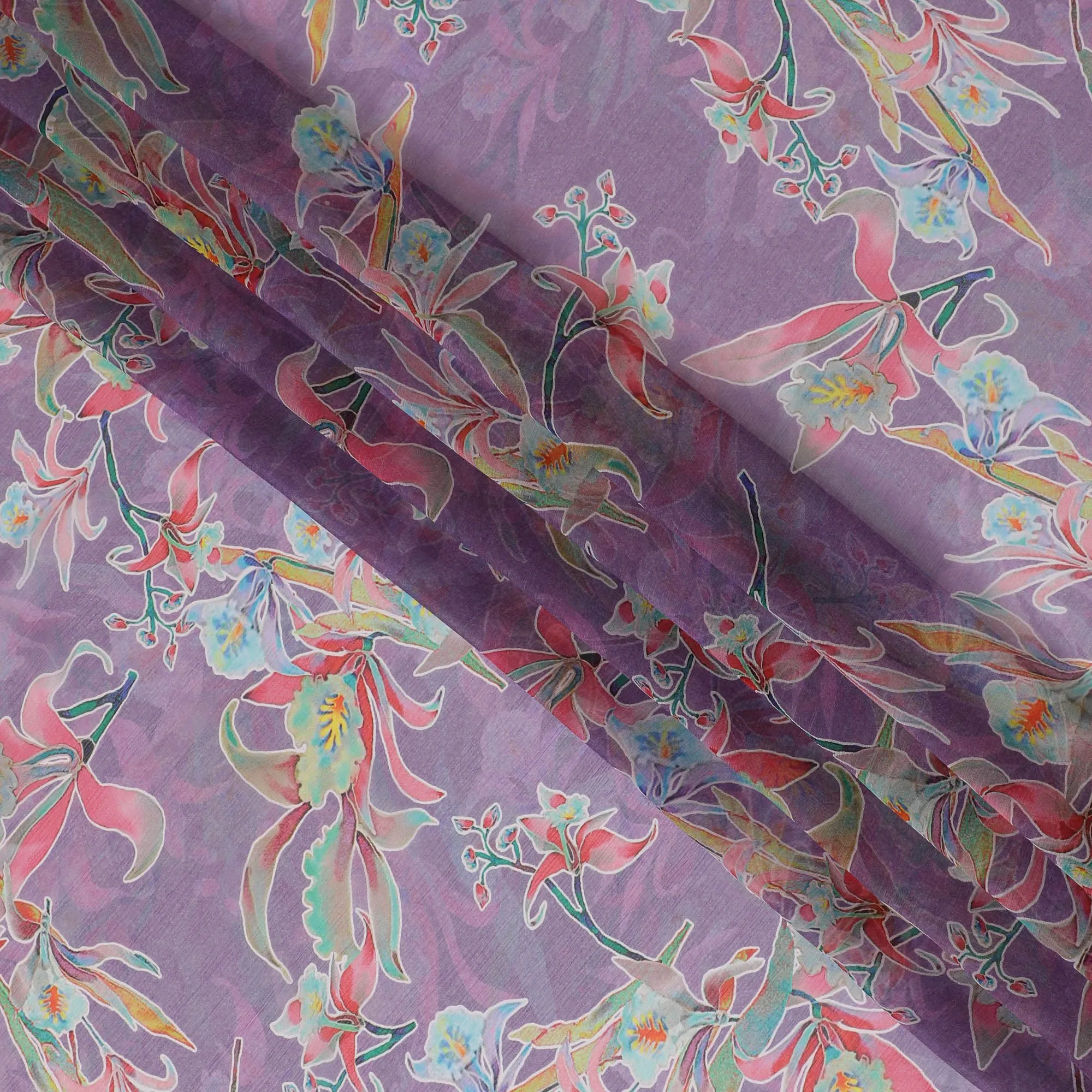 Lavender Premium pure wrinkle silk chiffon fabric with multicolor print in floral design-D17002