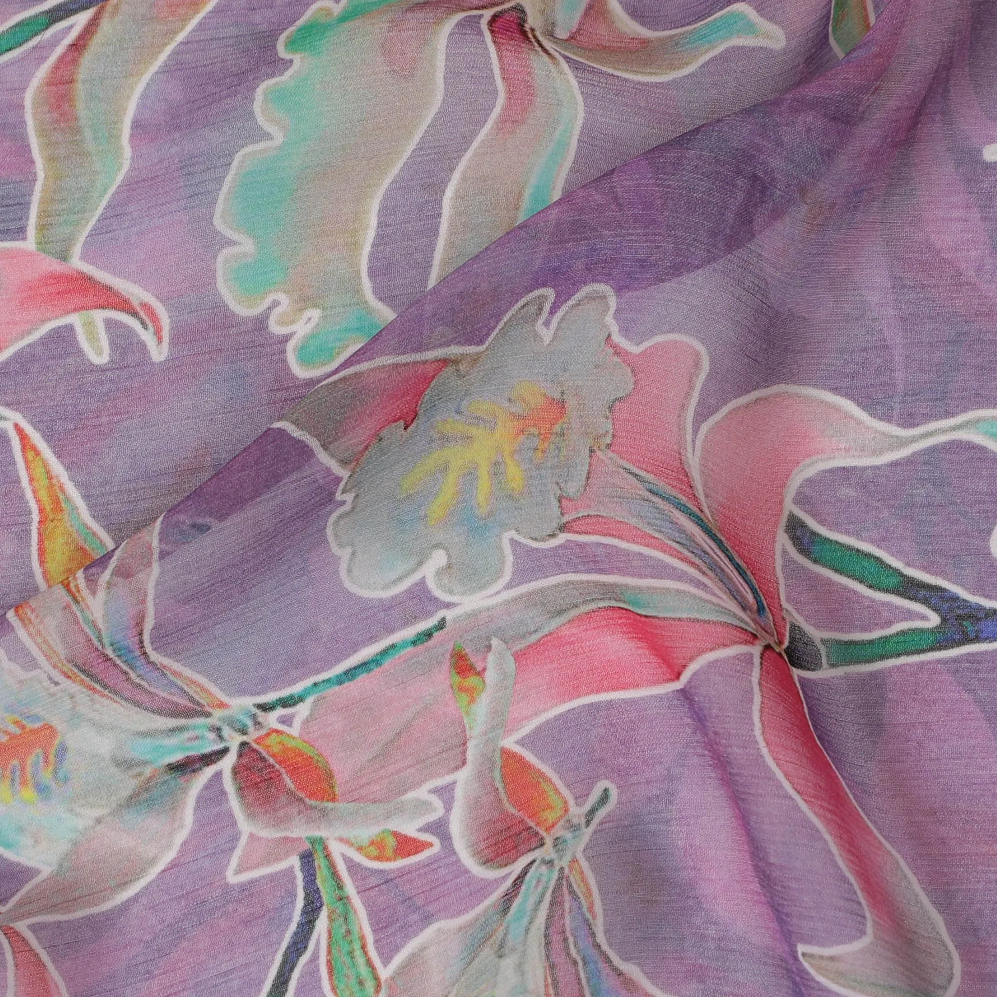 Lavender Premium pure wrinkle silk chiffon fabric with multicolor print in floral design-D17002