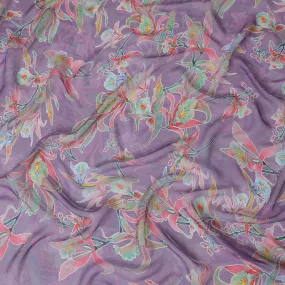 Lavender Premium pure wrinkle silk chiffon fabric with multicolor print in floral design-D17002