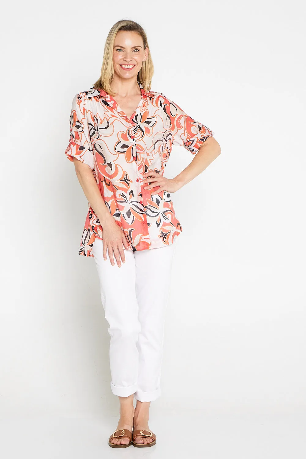 Linderman Cotton Shirt - Orange Jacobean Print