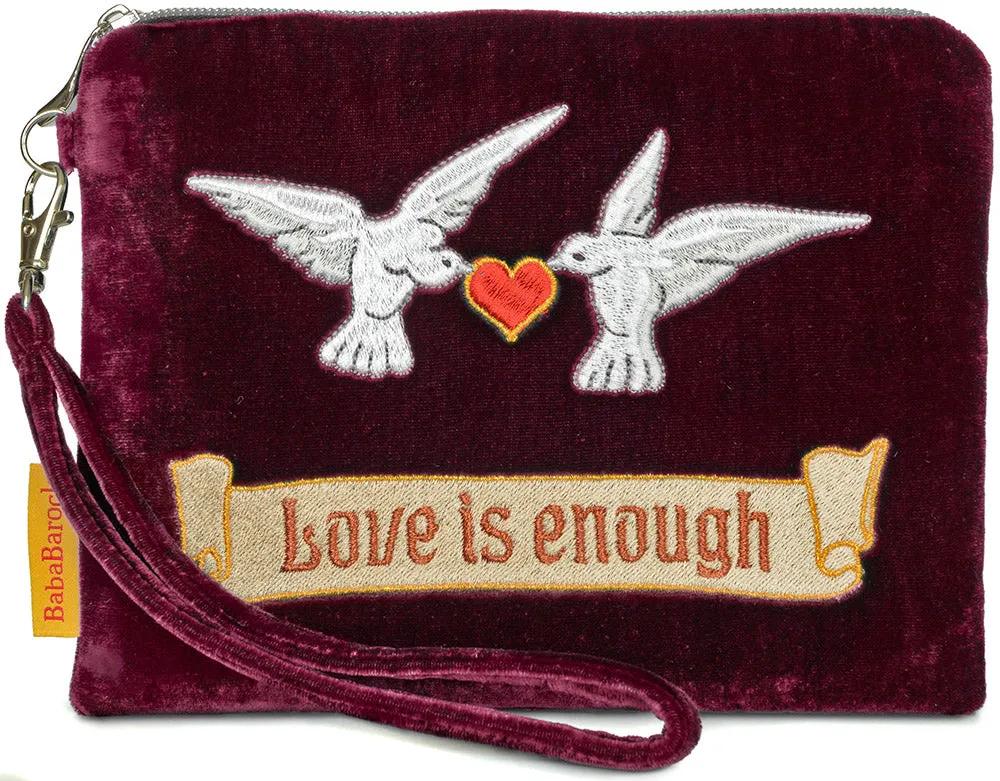 Love is Enough Doves - silk velvet embroidered wristlet. Burgundy.